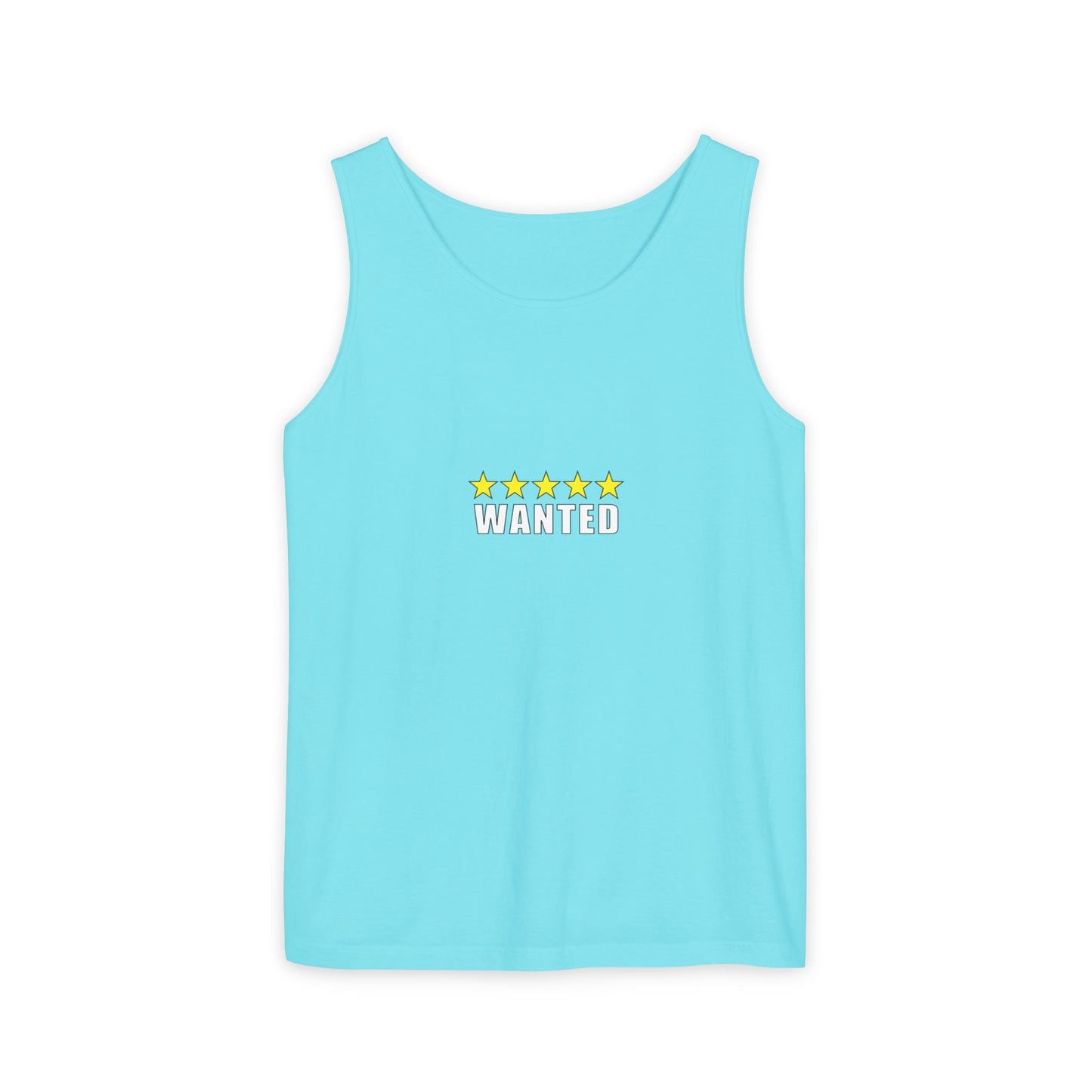 5-Star "WANTED" Garment-Dyed Tank Top, Unisex Summer Shirt, Gift for Him/Her, Trendy Casual Wear, Pool Party Outfit, Unique Graphic Tee