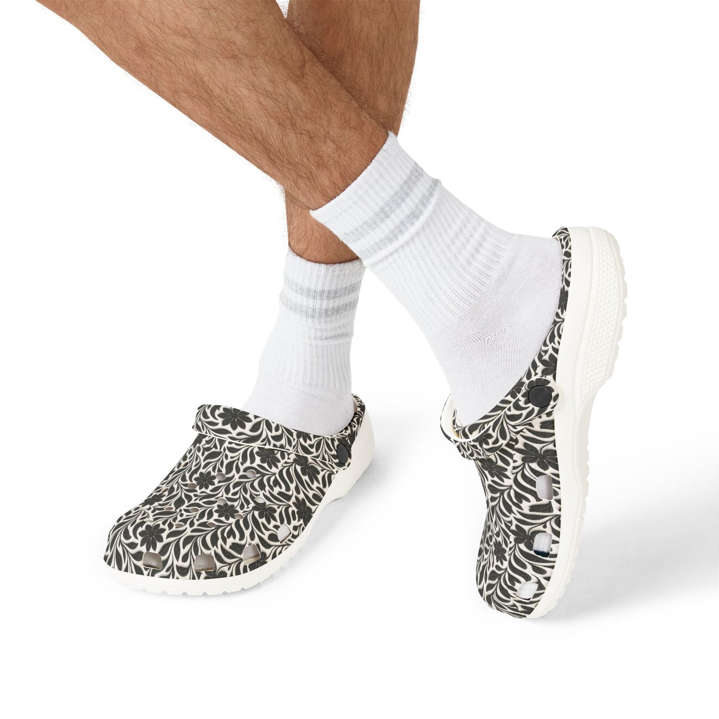 Floral EVA Foam Clogs — Lightweight Black & Cream Garden Pattern