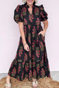 Black Floral Short Bubble Sleeve Tiered Maxi Dress