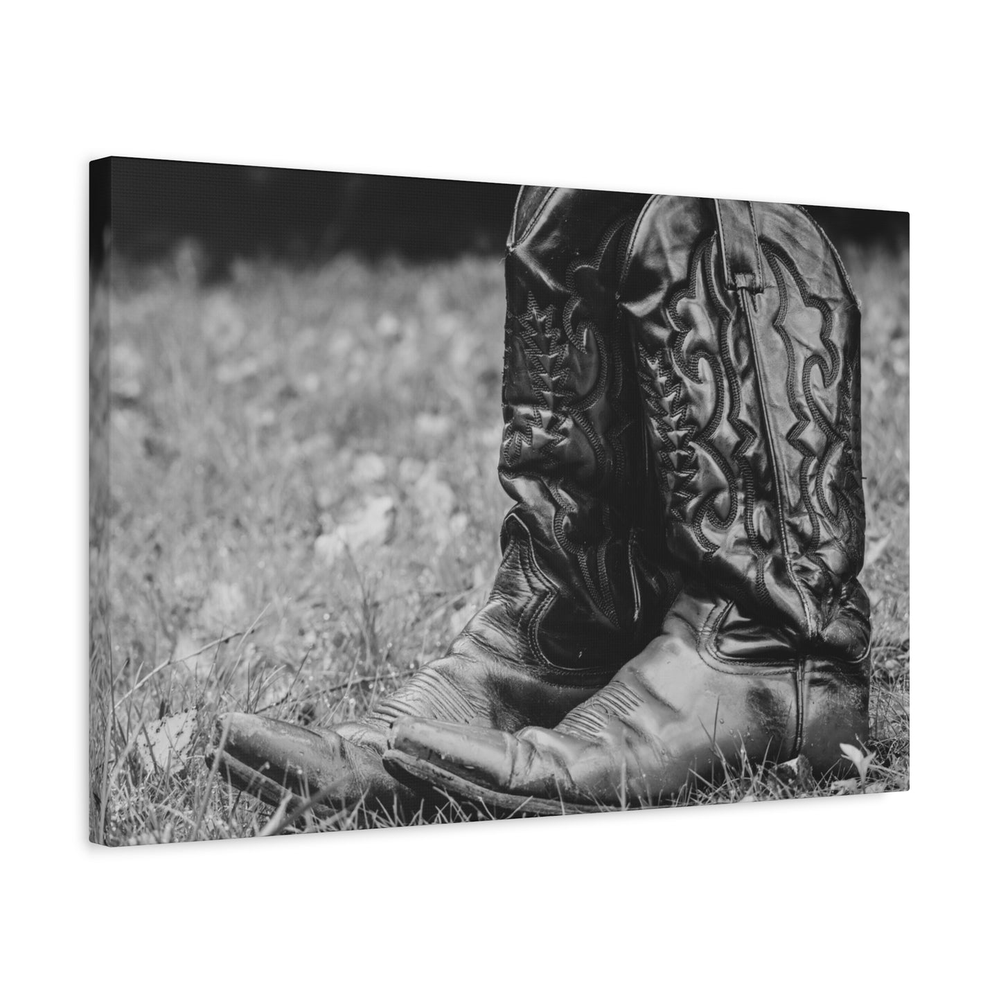 Western Cowboy Boots Matte Canvas Wall Art – Black & White Rustic Country Decor