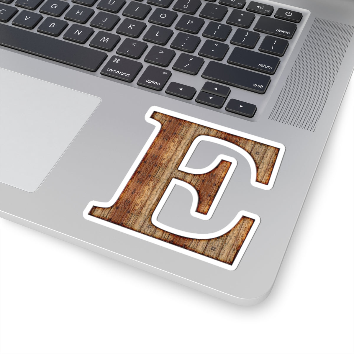 Rustic Wood Letter E Kiss-Cut Sticker — Monogram Laptop Decal
