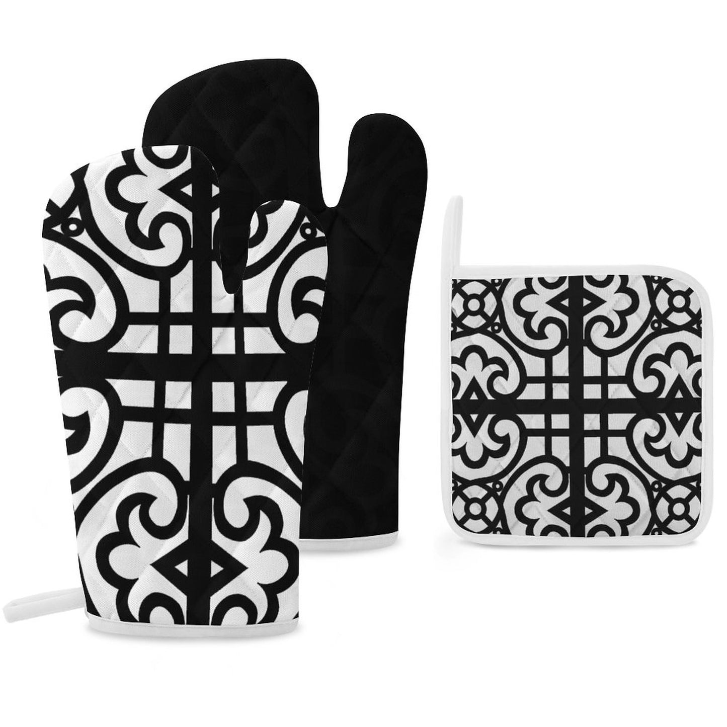 Oven Mitts & Pot Holder Set of 3 Black and White