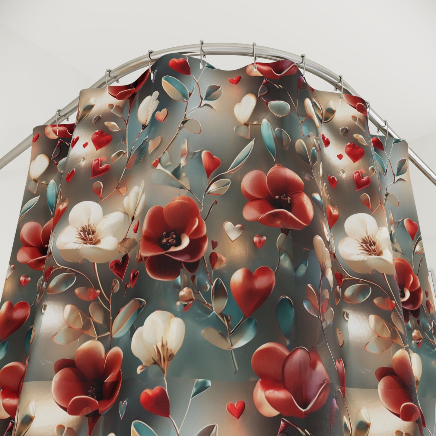 Floral Hearts Shower Curtain — Romantic Red & Cream Blossom Bathroom Decor