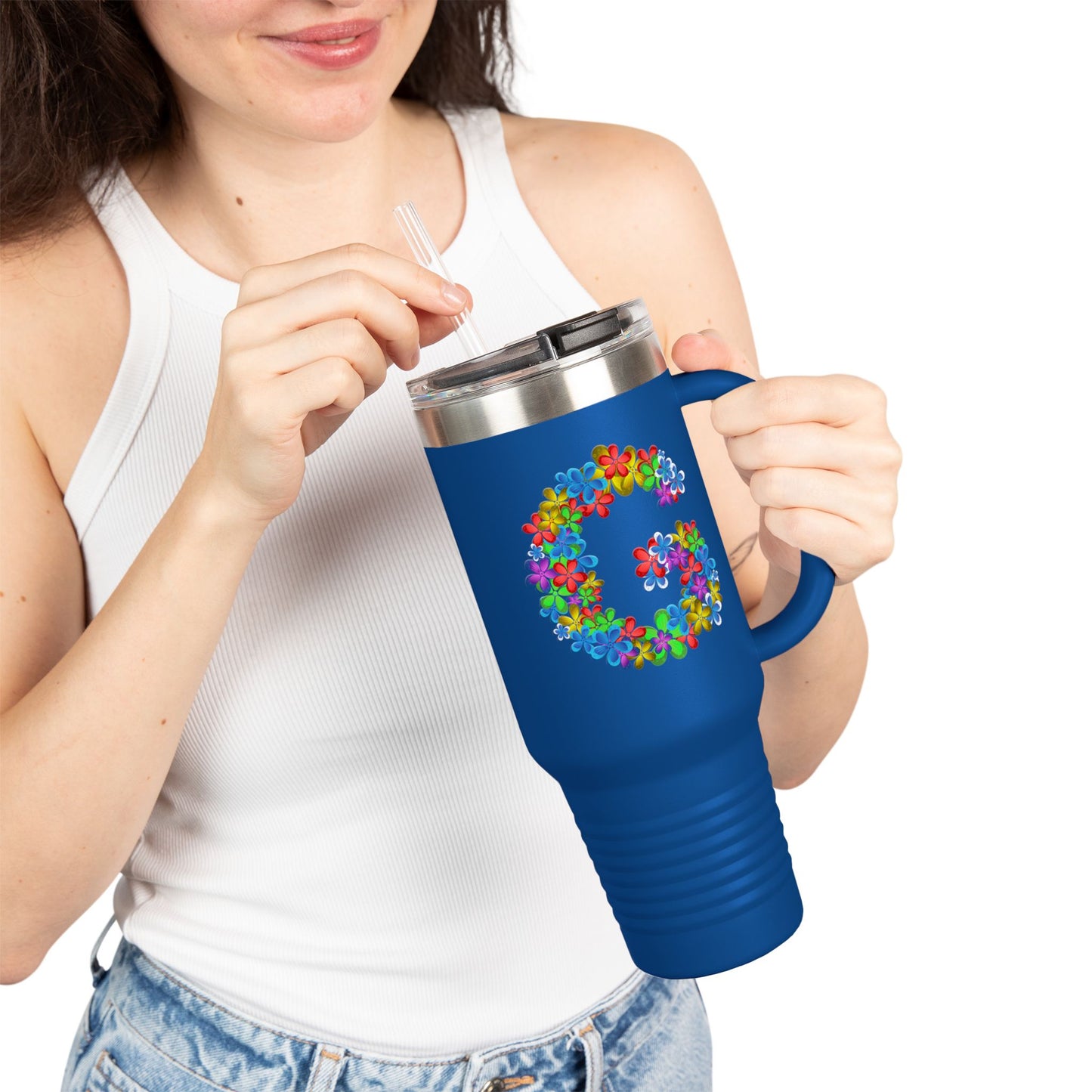 Vibrant Floral Insulated Travel Mug, Perfect for On-the-Go- Letter G