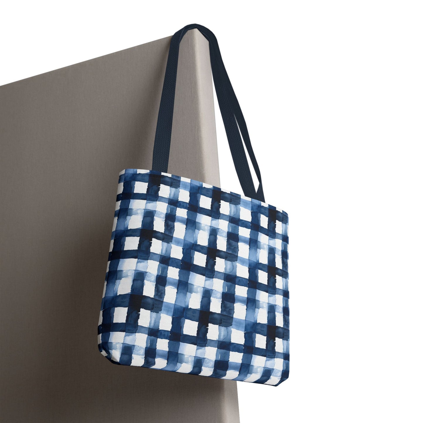 Blue Watercolor Plaid Tote Bag — Navy Check Pattern All-Over Print