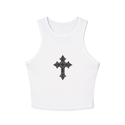 Chic Women's Crop Tank Top with Cross Design, Gym Wear, Casual Summer Top, Festival Fashion, Spiritual Style