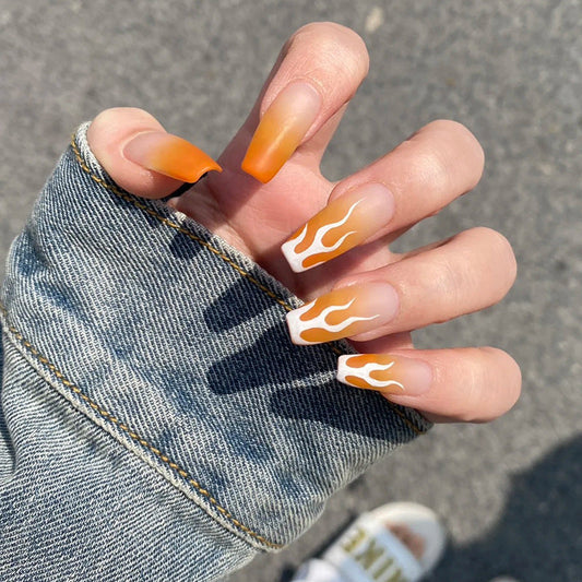 Press on fake nails piece matte orange gradual change nails piece wholesale white flame French Press on fake nails piece