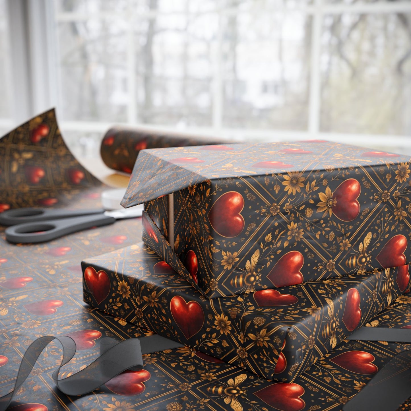 Ornate Heart Wrapping Paper Roll – Elegant Red & Gold Gift Wrap
