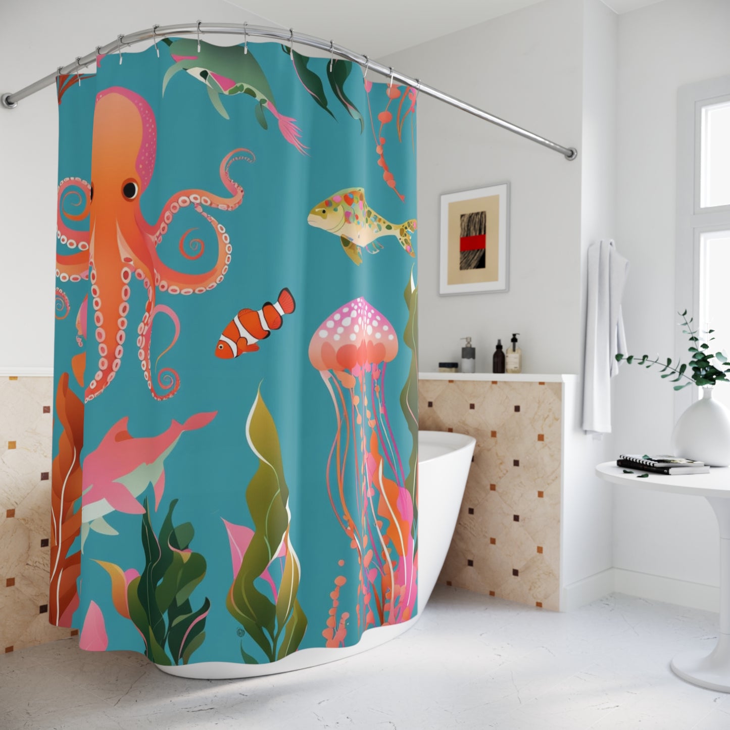 Ocean Life Shower Curtain — Colorful Octopus, Jellyfish & Fish Bathroom Decor