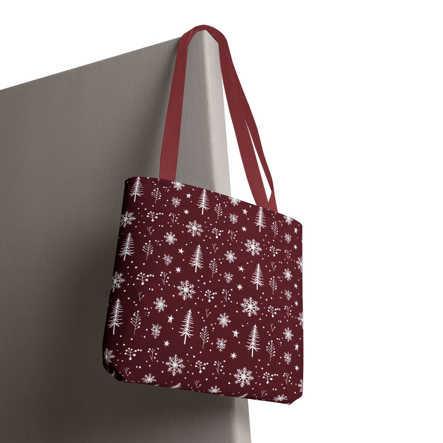 Christmas Snowflake Tote Bag – Burgundy Holiday Patterned Carryall