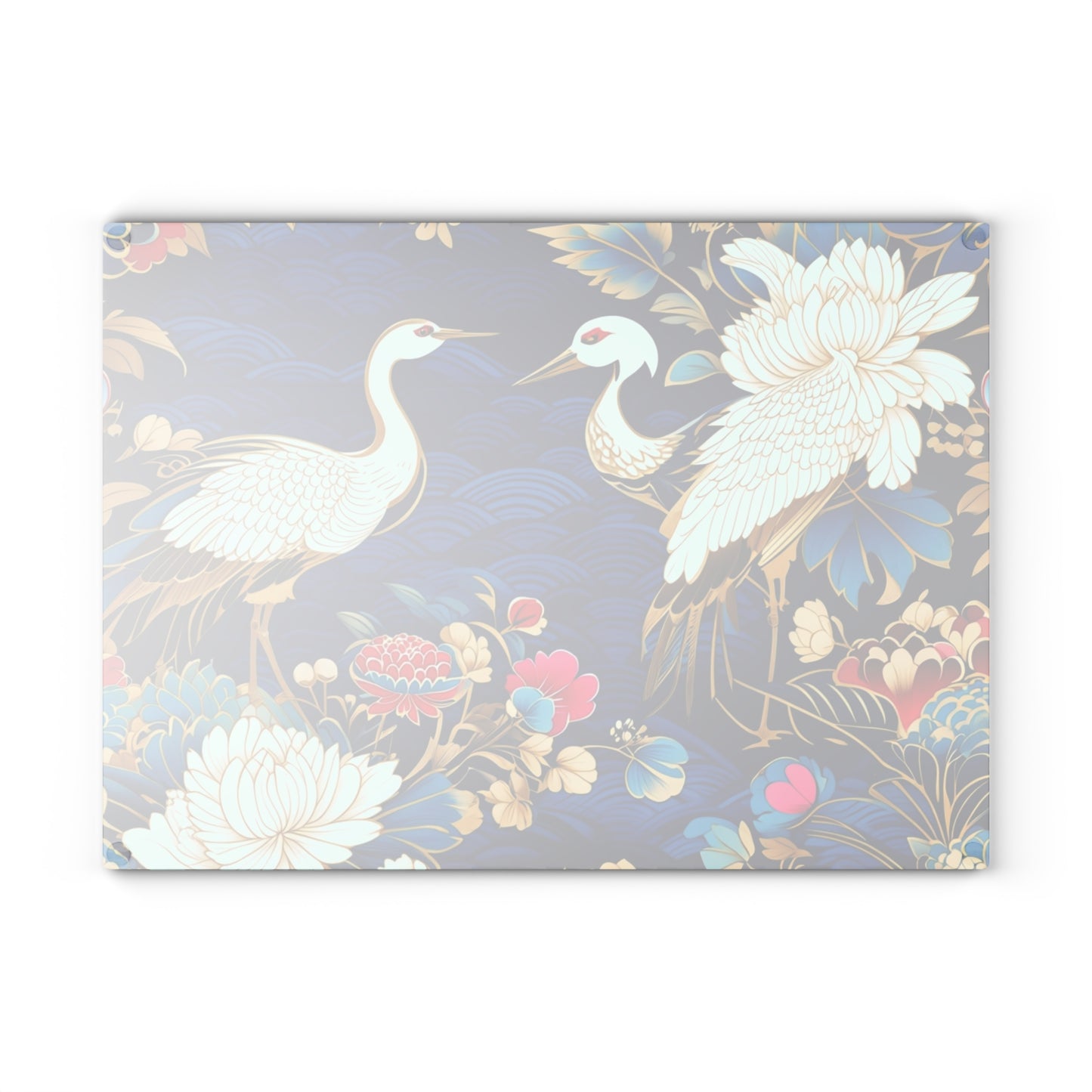 Glass Cutting Board - Elegant Japanese Crane & Peony Floral Pattern