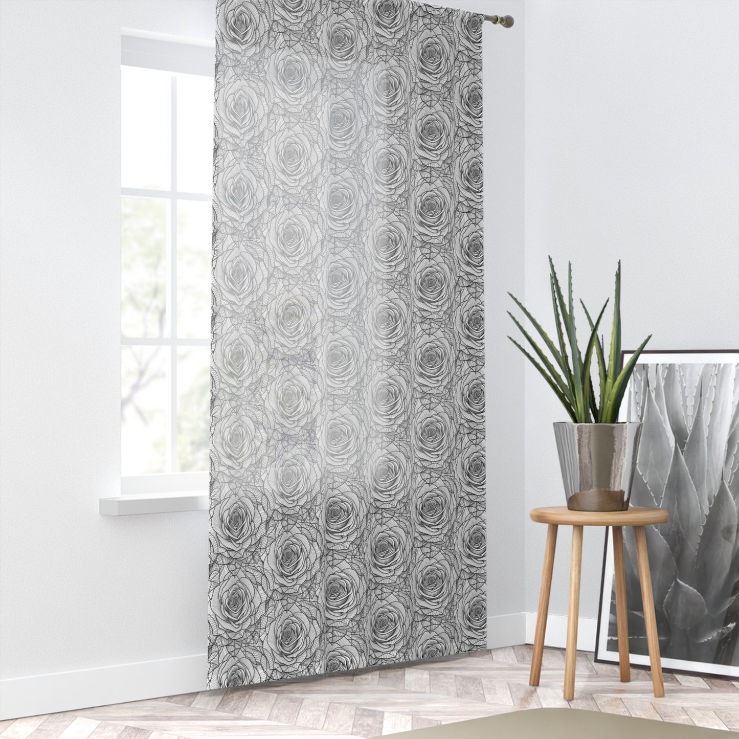 Elegant Grey Rose Pattern Window Curtain | Floral Home Decor, Sheer Drapes, Living Room Curtains, Modern Window Treatment, Wedding Gifts
