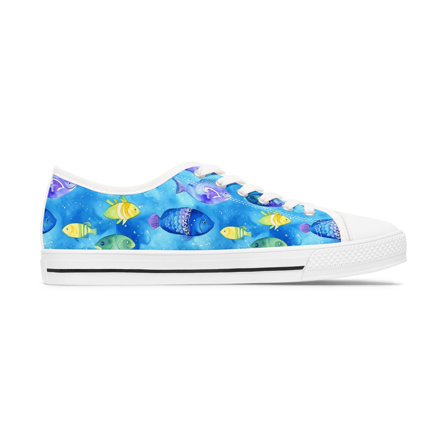 Low Top Sneakers — Blue Tropical Fish Print Canvas Shoes