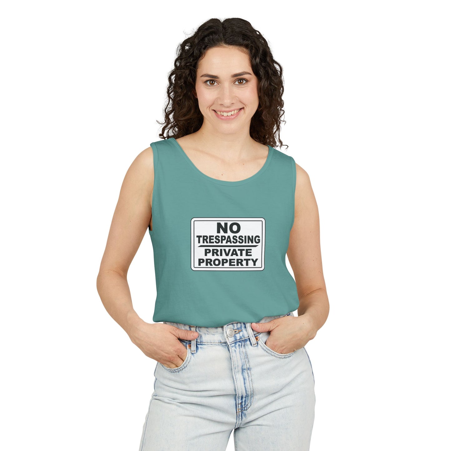No Trespassing Garment-Dyed Tank Top | Unisex Summer Wear, Beach Vacation Shirt, Outdoor Adventure Top, Gift for Nature Lovers