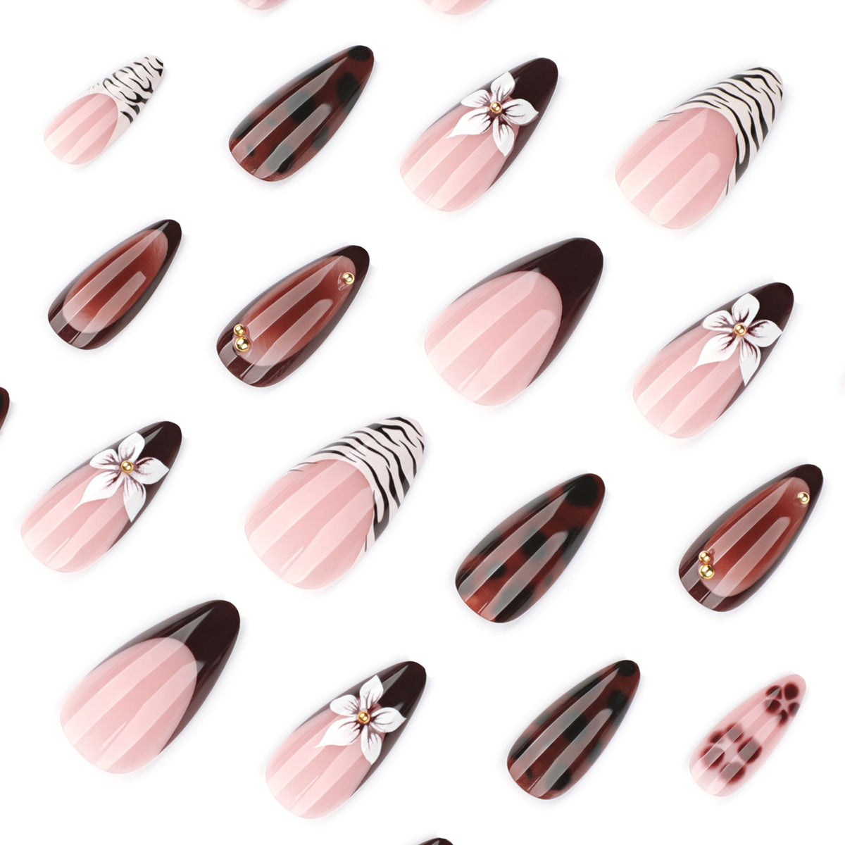 Floral Tortoiseshell and Zebra Accent Glossy Nails – Image 3