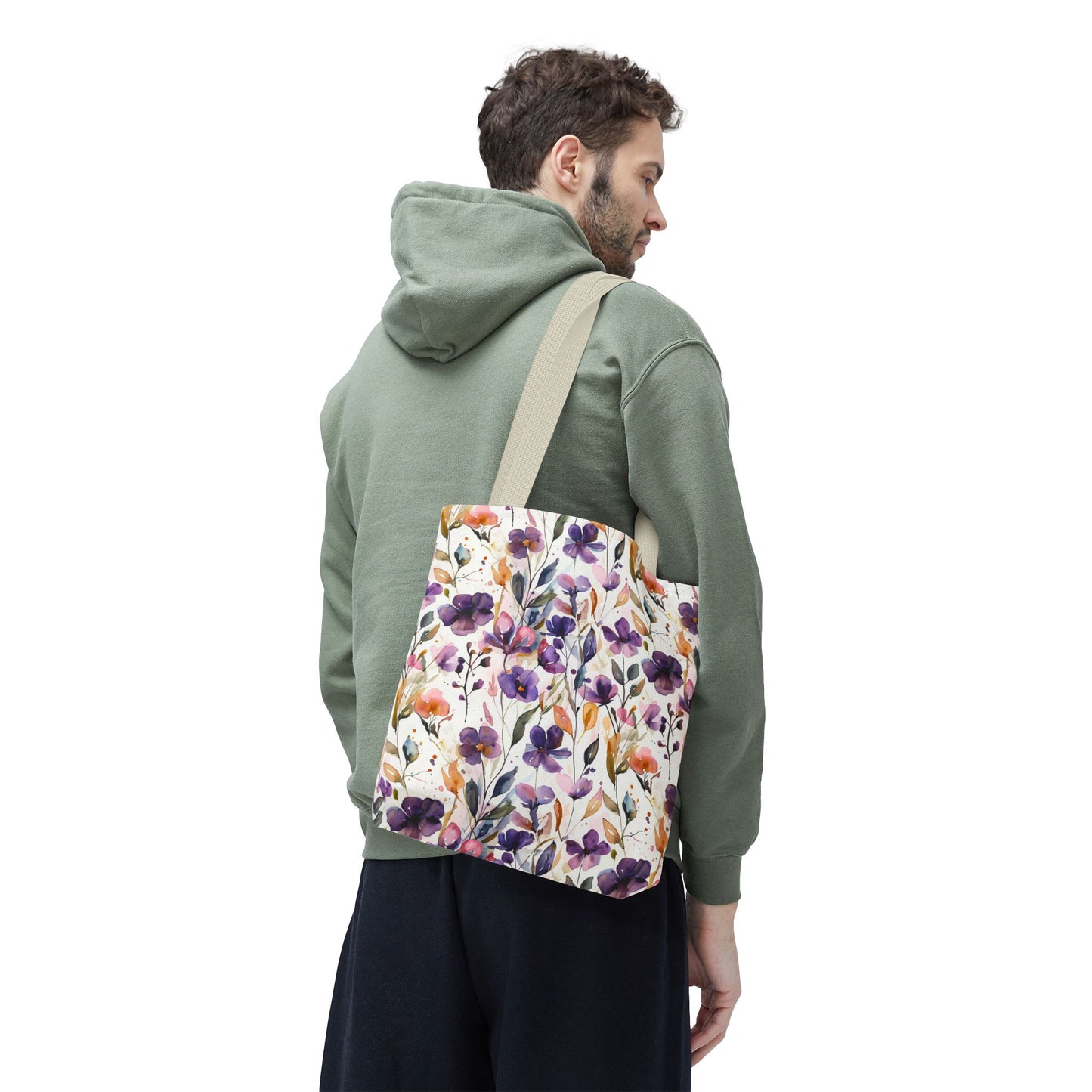 Floral Watercolor Tote Bag — Purple & Orange Botanical All-Over Print