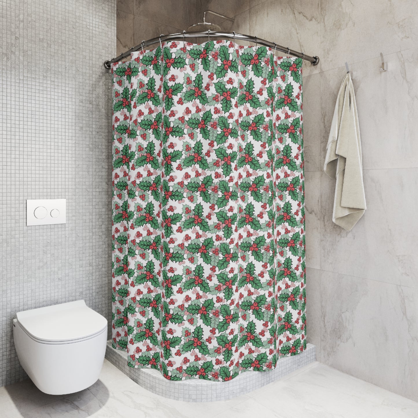 Festive Holly Shower Curtains | Holiday Bathroom Decor, Christmas Gift, Winter Home Accents, Seasonal Decoration, Merry & Bright