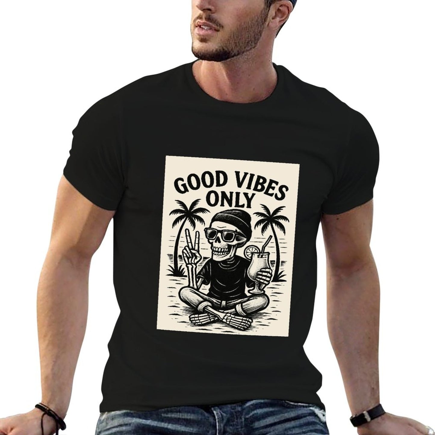 Short Sleeve Cotton Crewneck T-Shirt for Men Women (Front Printing) - Good Vibes Only