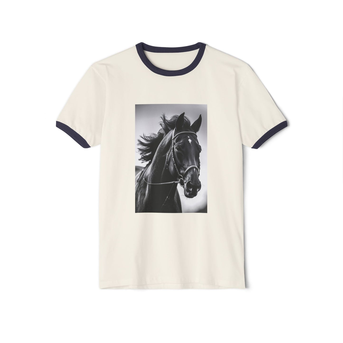 Horse Portrait Ringer T-Shirt — Black Stallion Graphic Tee for Equestrian Lovers