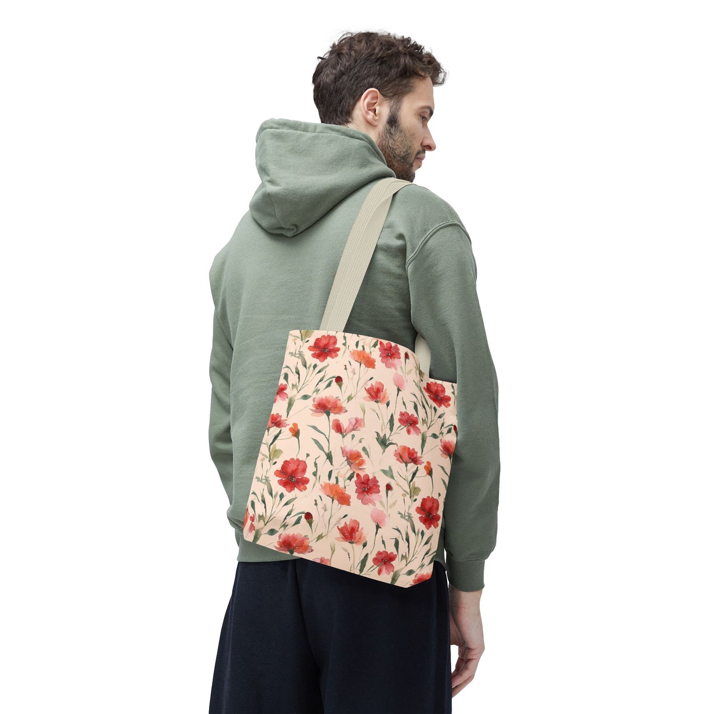 Floral Watercolor Tote Bag — Pink Red Poppy Pattern All-Over Print