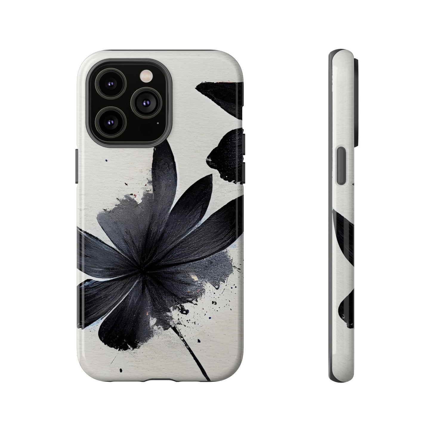 Monochrome Floral Tough Phone Case — Black Ink Flower Protective Cover