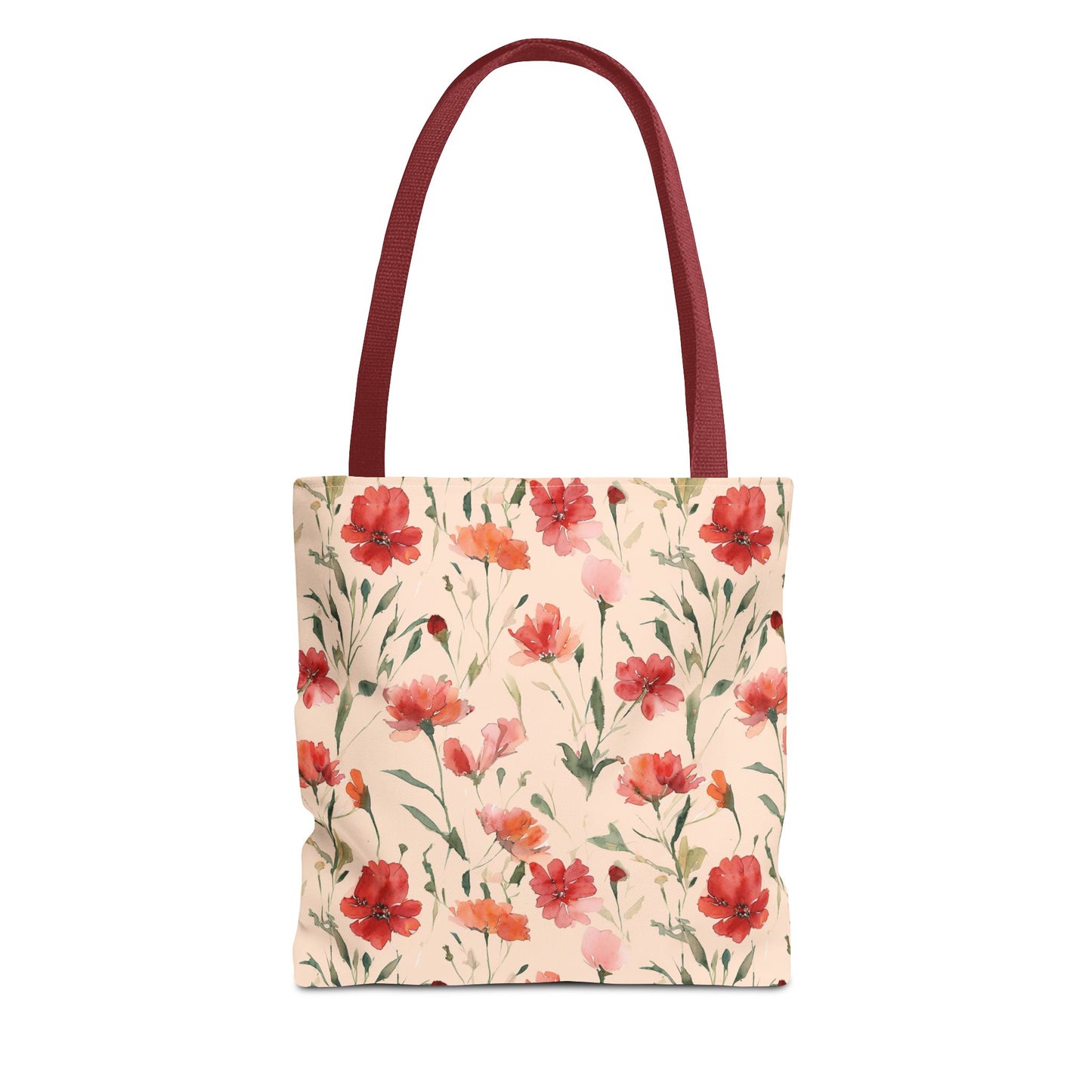 Floral Watercolor Tote Bag — Pink Red Poppy Pattern All-Over Print