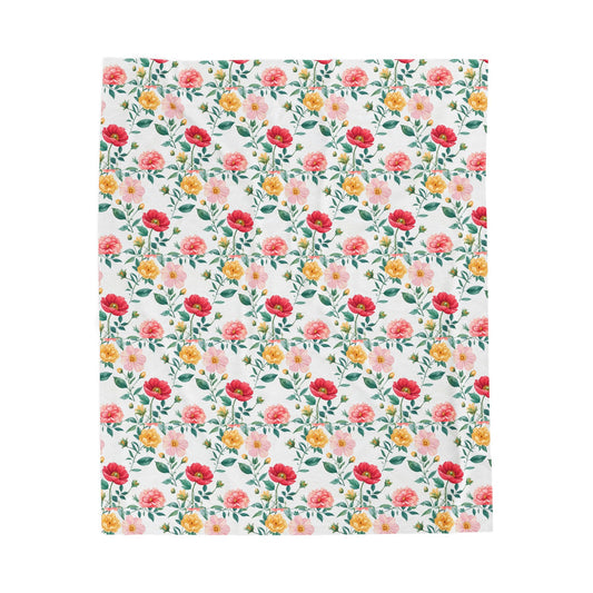 Floral Velveteen Plush Blanket — Pink & Yellow Rose Pattern