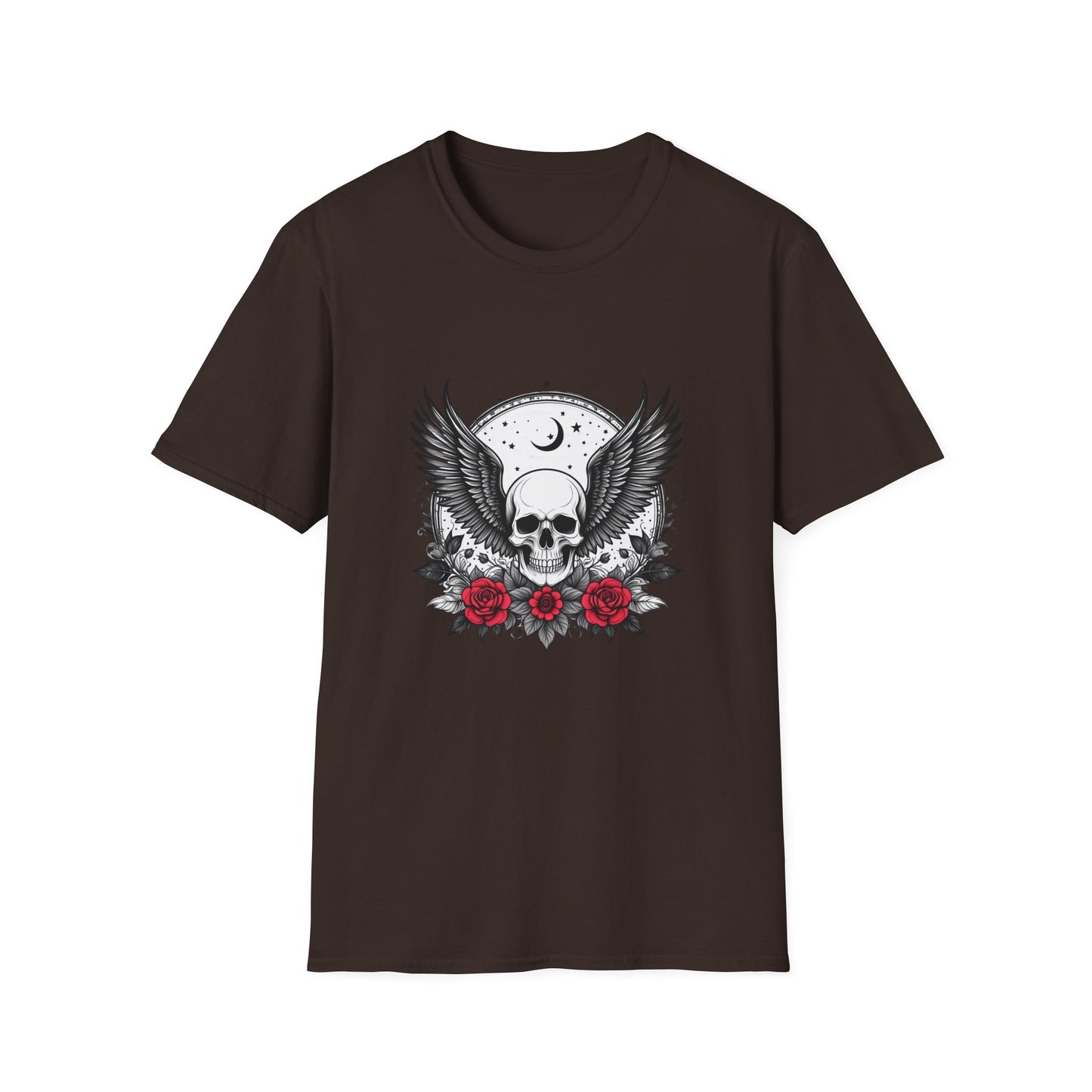 Skull Wings T‑Shirt – Crescent Moon & Red Roses Gothic Graphic Tee
