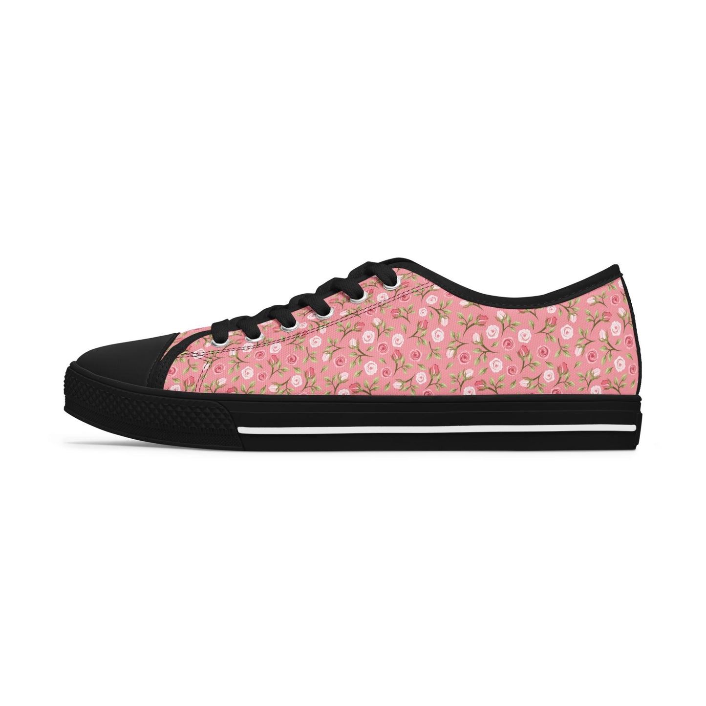 Floral Pink Low Top Sneakers — Women's Cute Rose Pattern Canvas Shoes