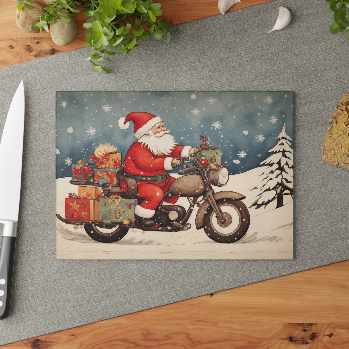 Festive Santa Motorcycle Glass Cutting Board, Holiday Kitchen Decor, Christmas Gift, Unique Cookware, Santa Gift Idea