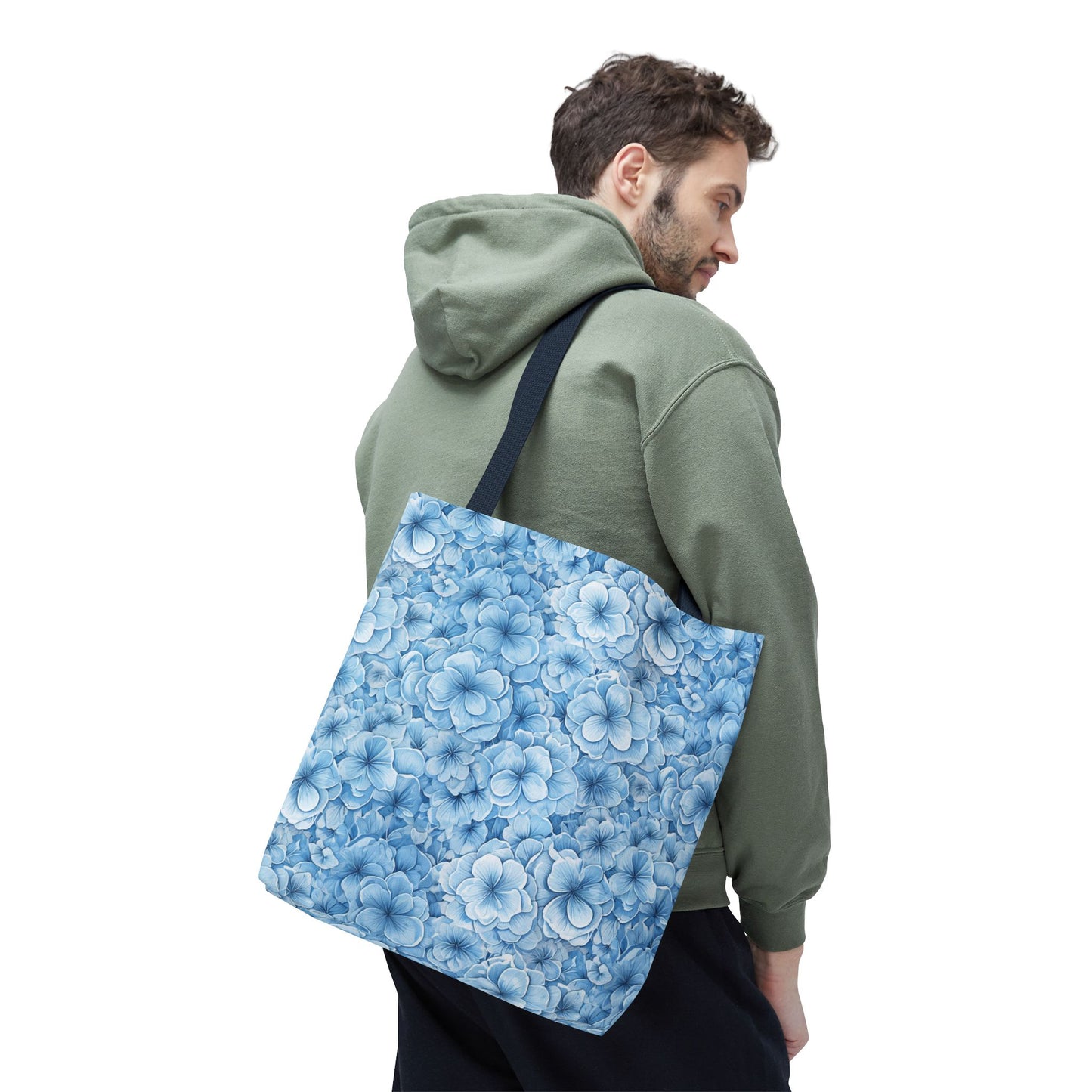 Blue Watercolor Floral Tote Bag — Reusable Flower Pattern Shopper