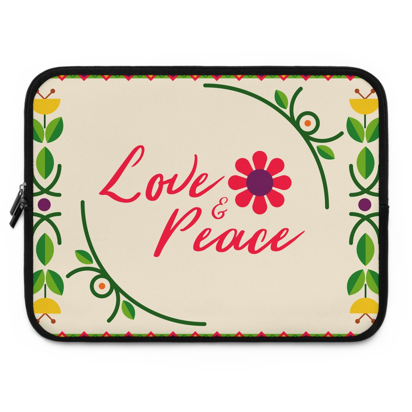 Boho Floral Laptop Sleeve - Love & Peace, Stylish Computer Case, Gift for Students, Eco-Friendly Tech Accessory, Flower Pattern
