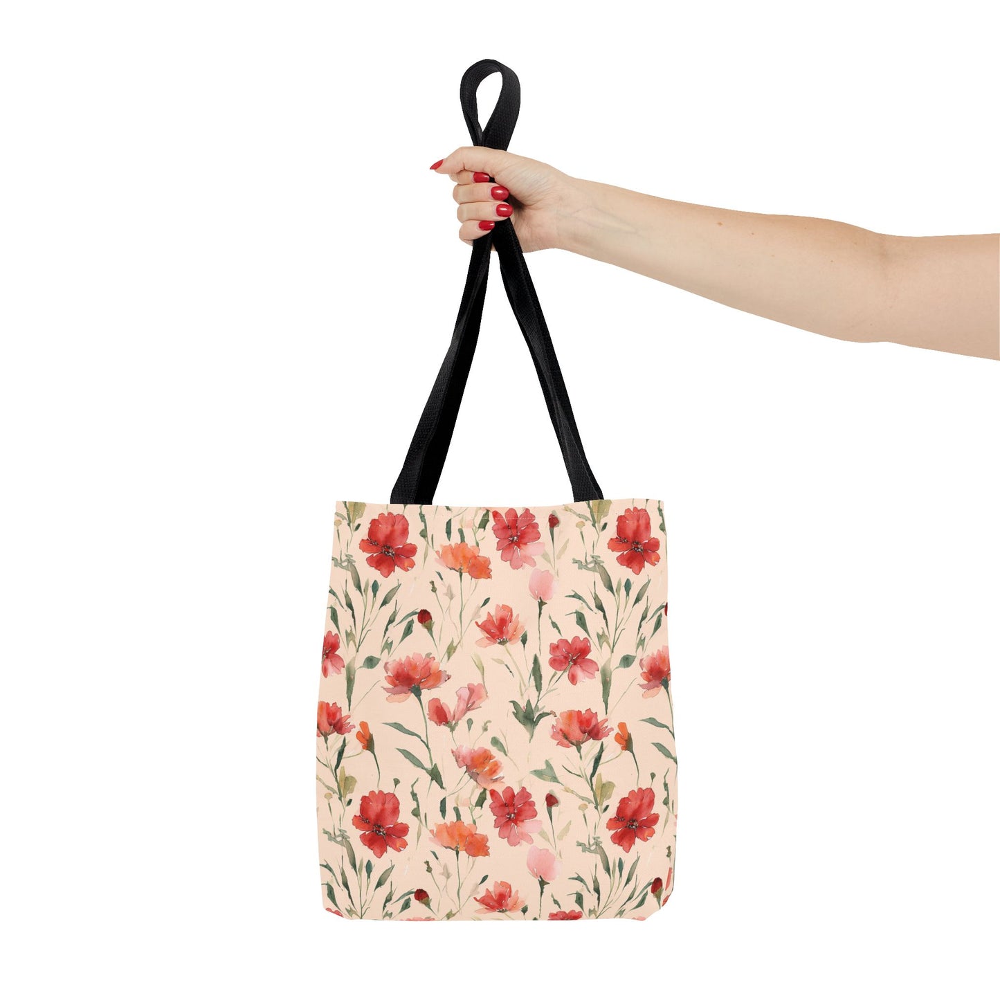 Floral Watercolor Tote Bag — Pink Red Poppy Pattern All-Over Print