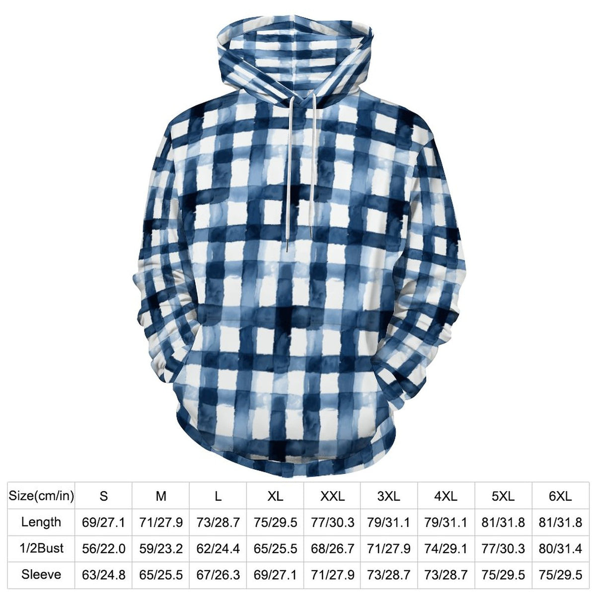 Blue Plaid Men's Cool Hoodie with Double-layer Cap