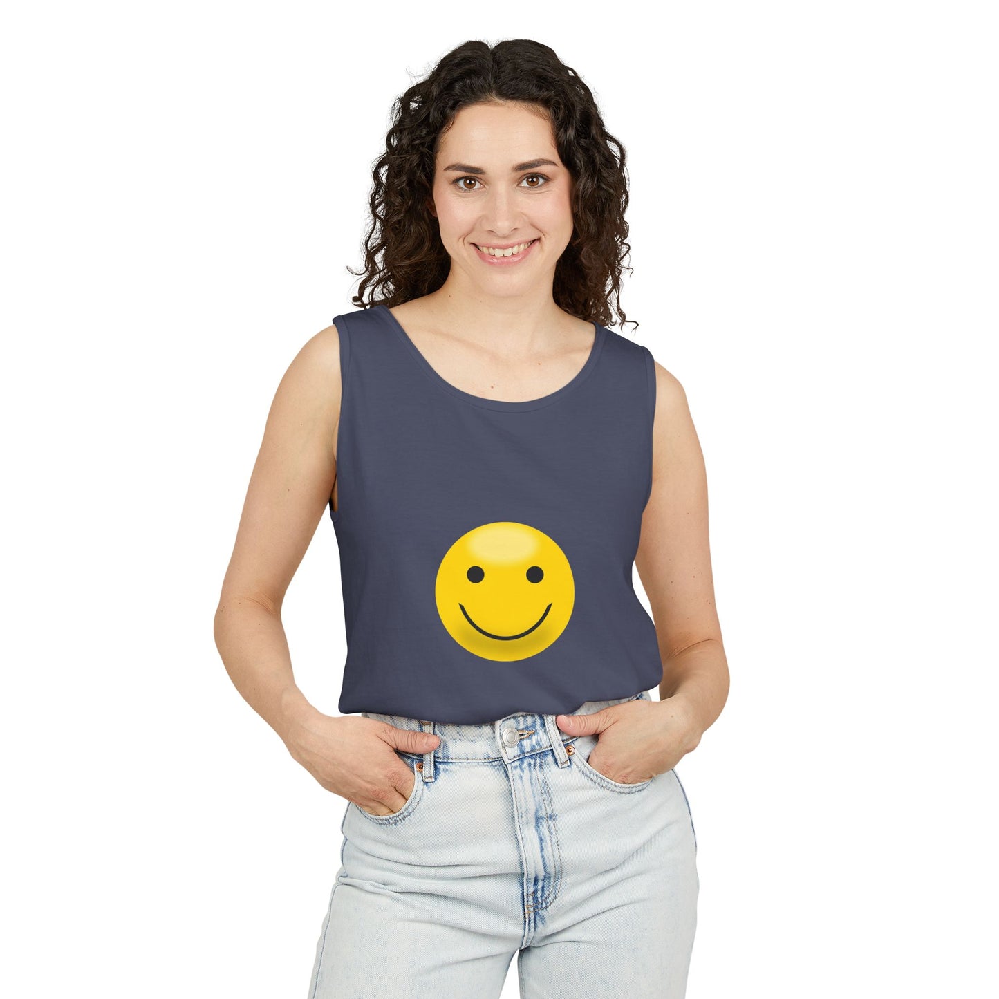 Smiley Face Tank Top, Summer Shirt, Casual Wear, Beach Outing, Gift for Friends, Positive Vibes Apparel