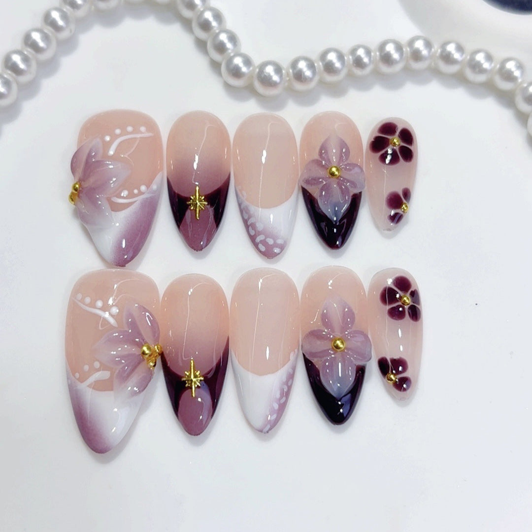 Plum Blossom Gradient: "Purple Floral" – Almond Press-On Nails – Image 2