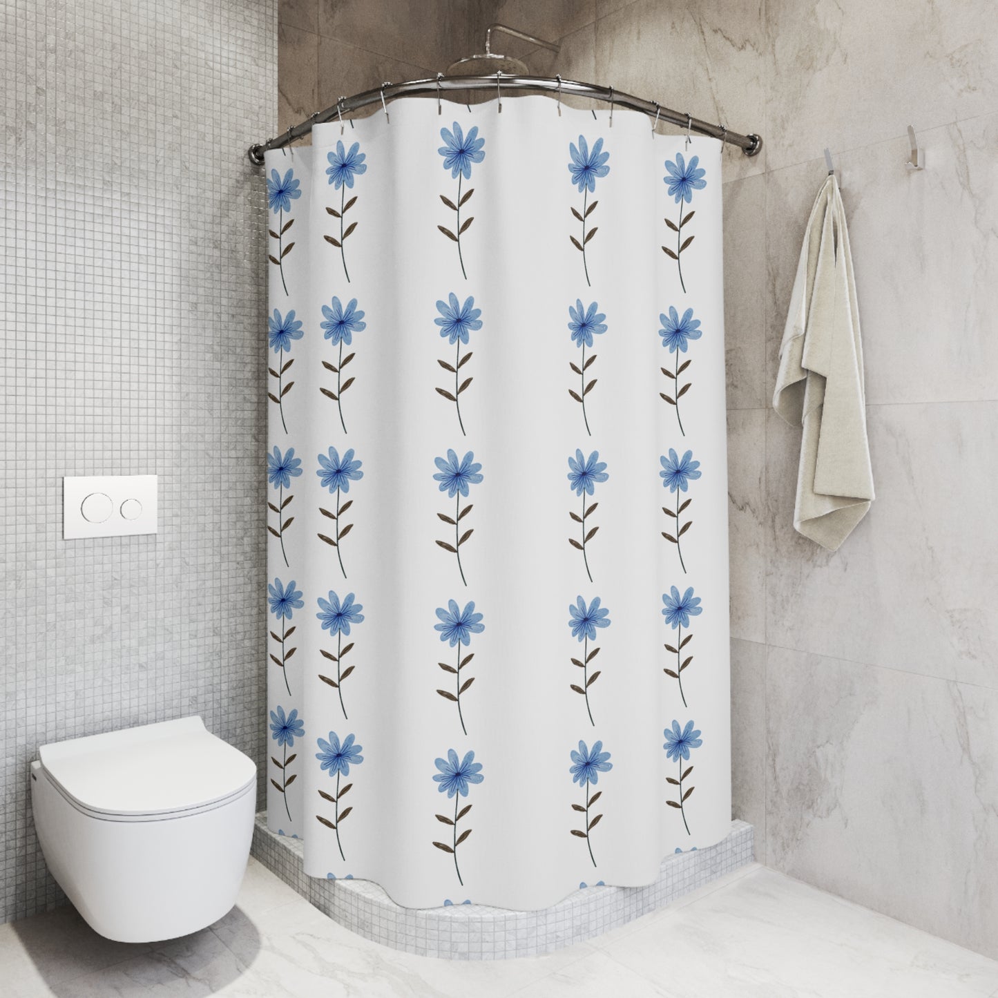 Blue Daisy Floral Shower Curtain — Simple Vertical Flower Pattern