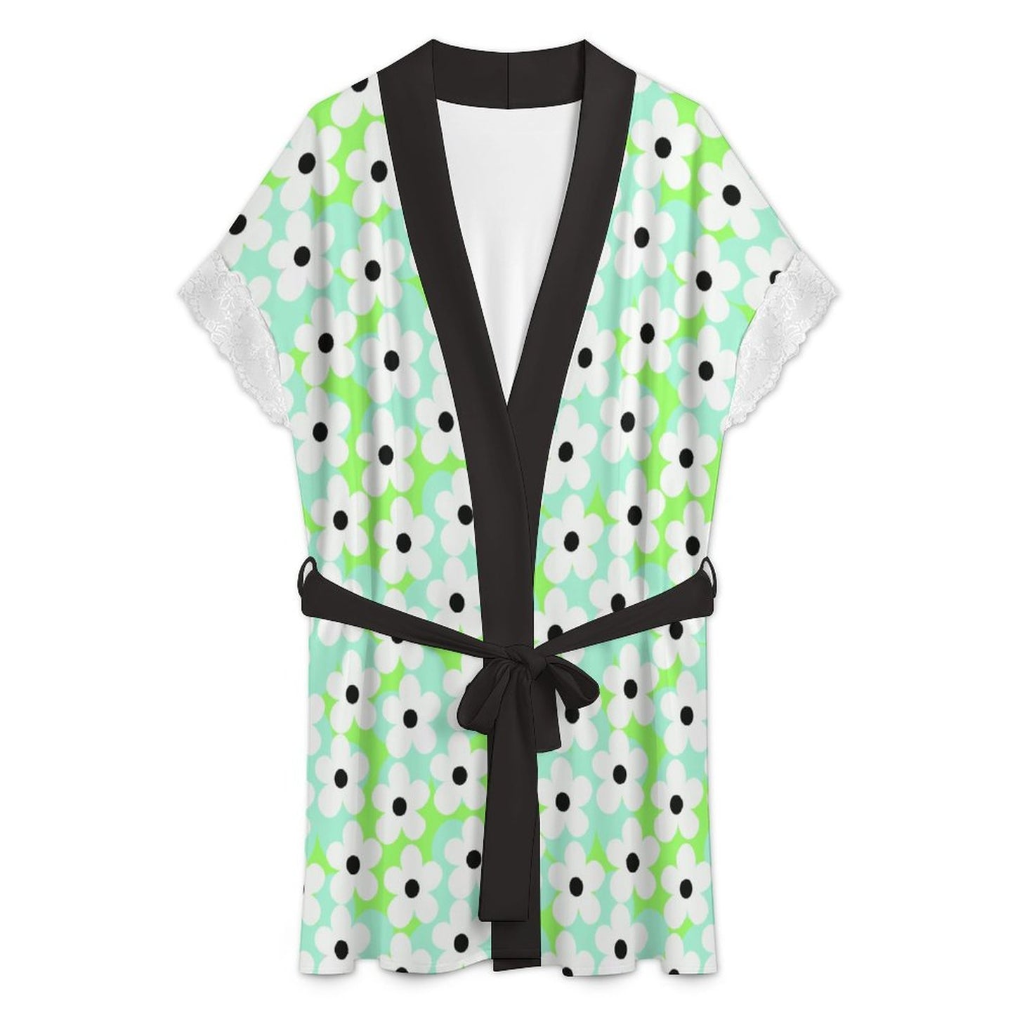 Lace Trimmed Short-Sleeve Nightgown Robe