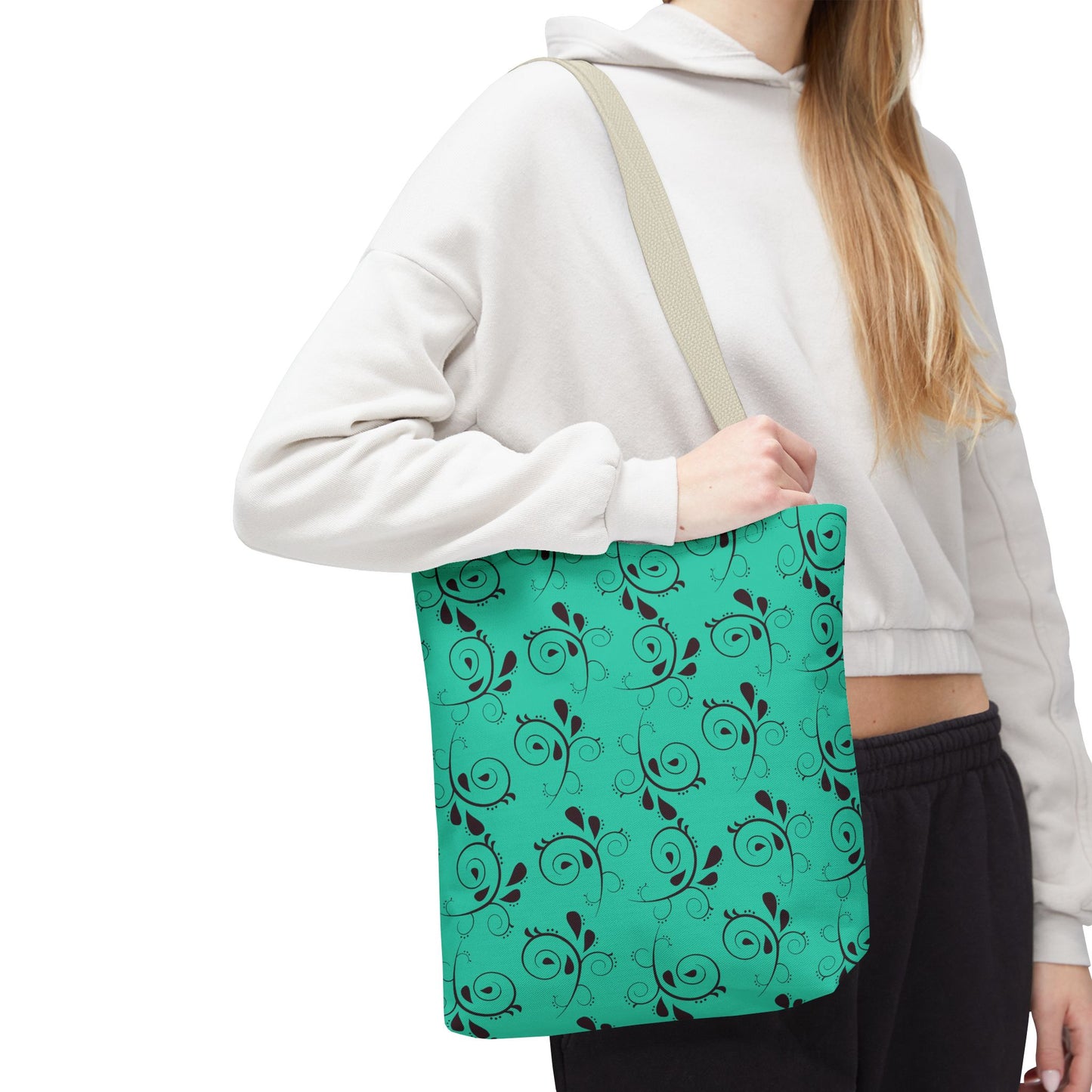 Turquoise Floral Swirl Tote Bag – All-Over Print Stylish Shopping Bag