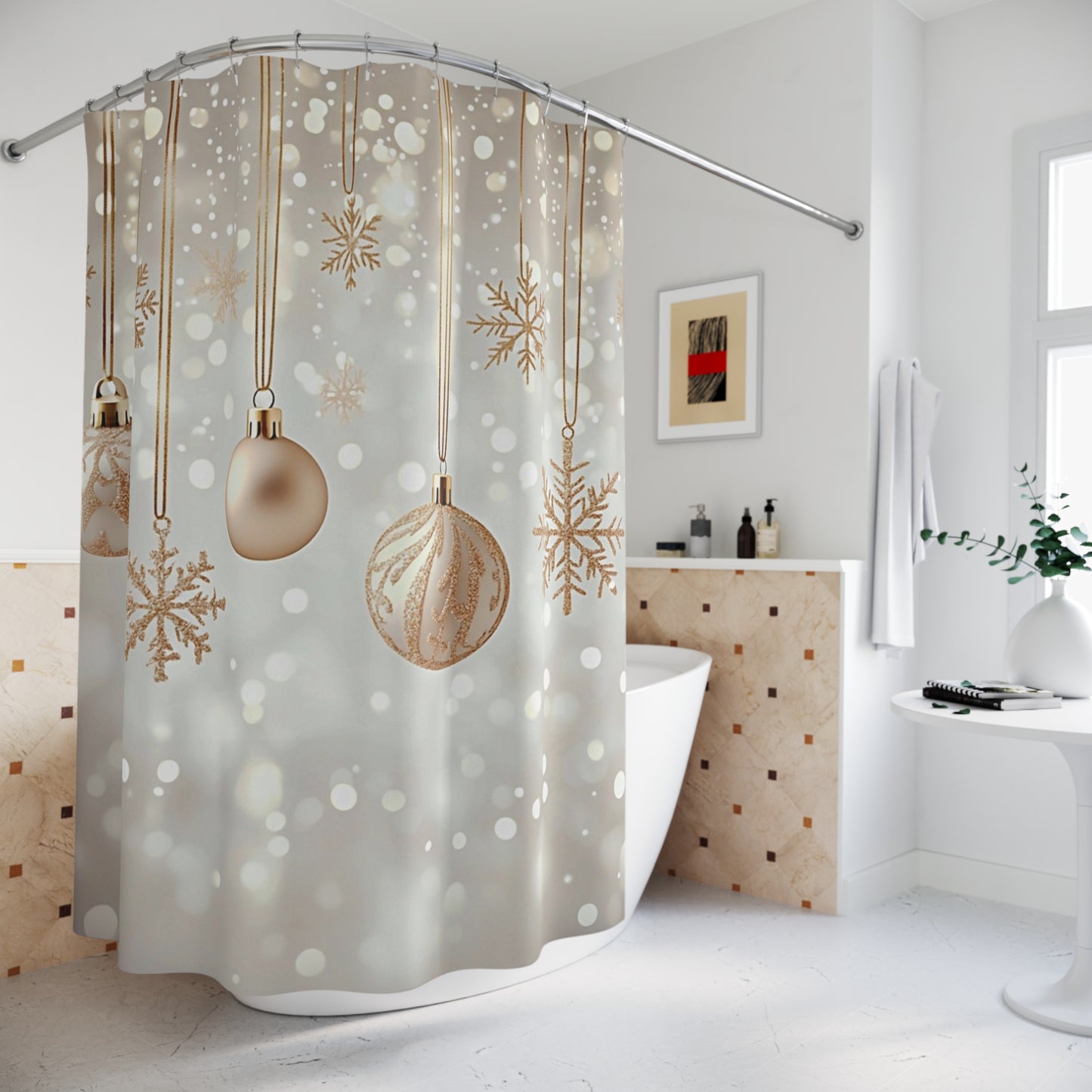 Gold Christmas Ornaments Shower Curtain — Holiday Snowflake Bathroom Decor