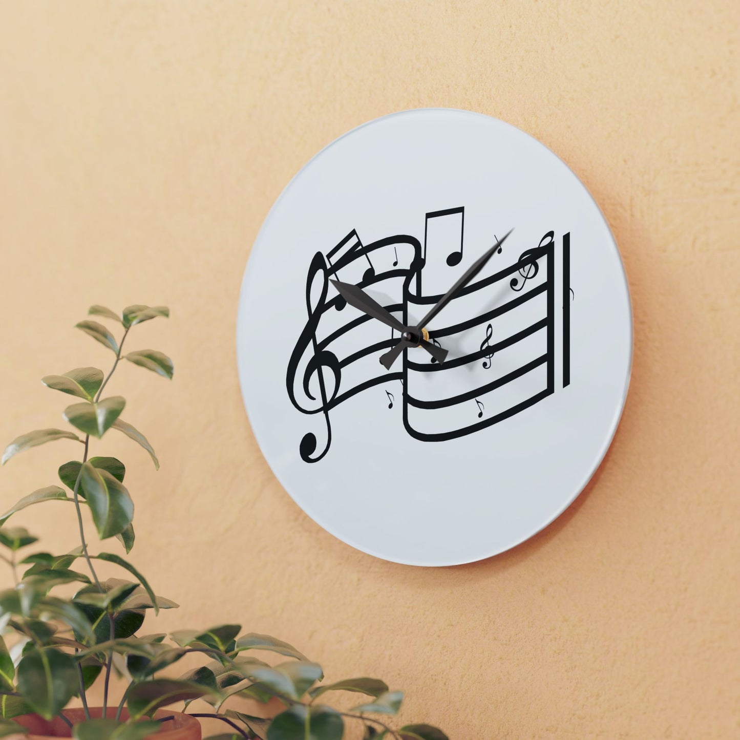 Musical Notes Acrylic Wall Clock — Black Treble Clef Design