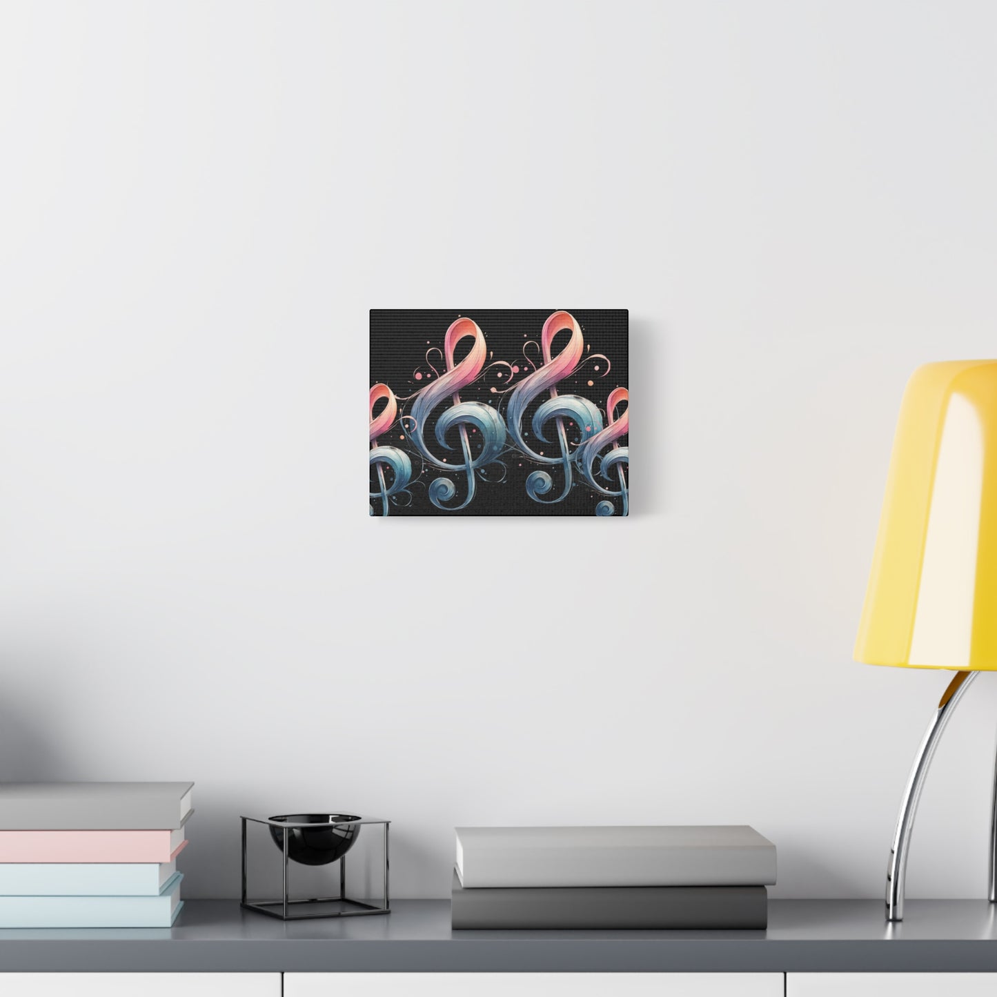 Musical Treble Clef Canvas Wall Art — Pastel Ribbon Notes on Black