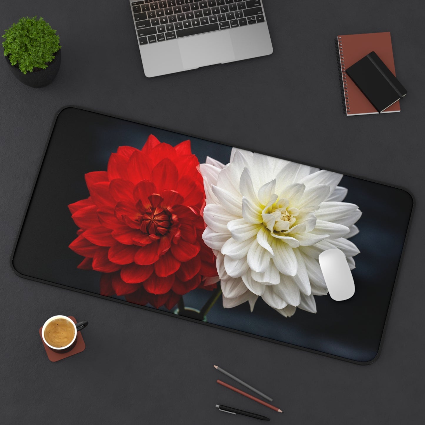 Dahlia Duo Desk Mat — Red & White Floral Mouse Pad
