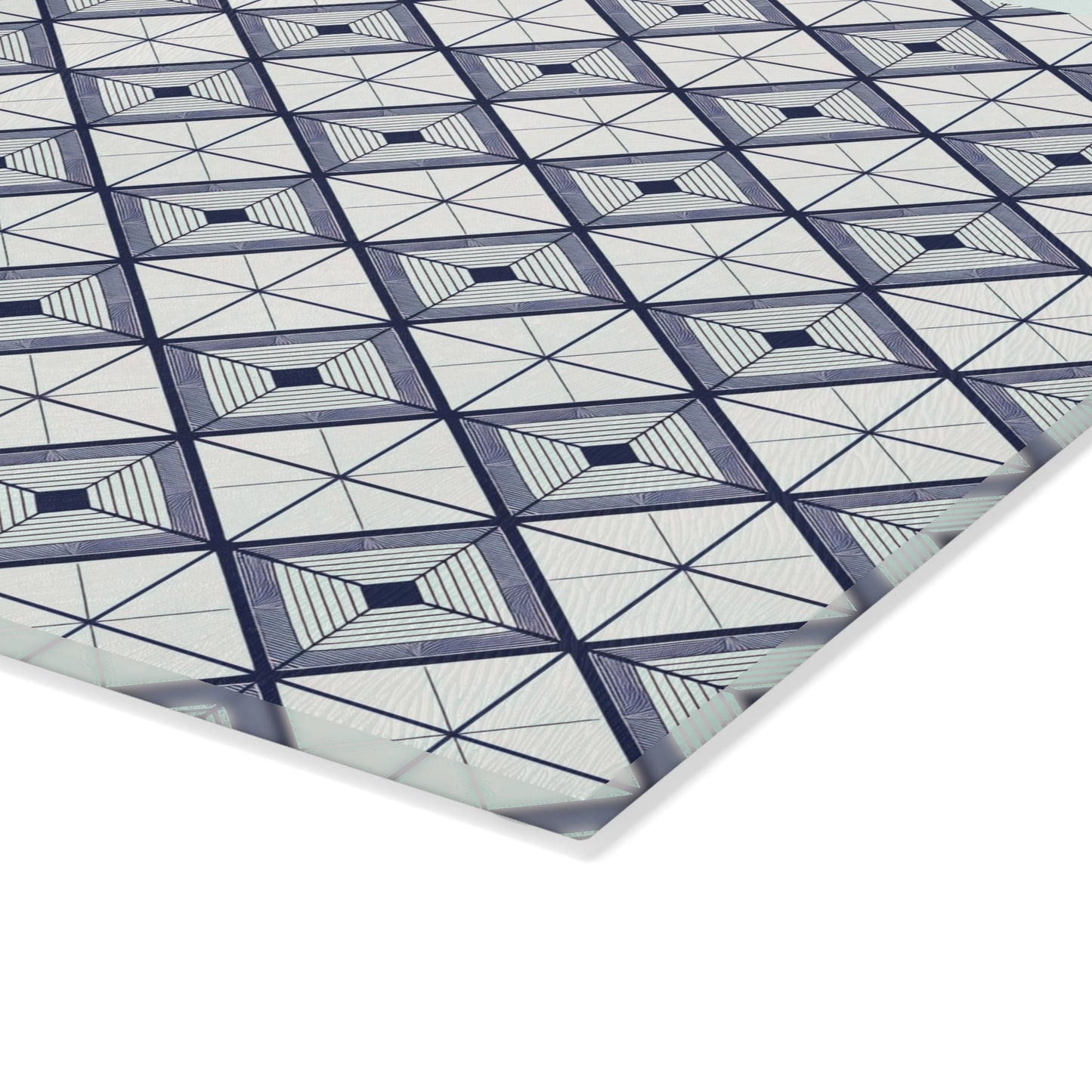 Geometric Slate Glass Cutting Board — Navy Diamond Tile Pattern