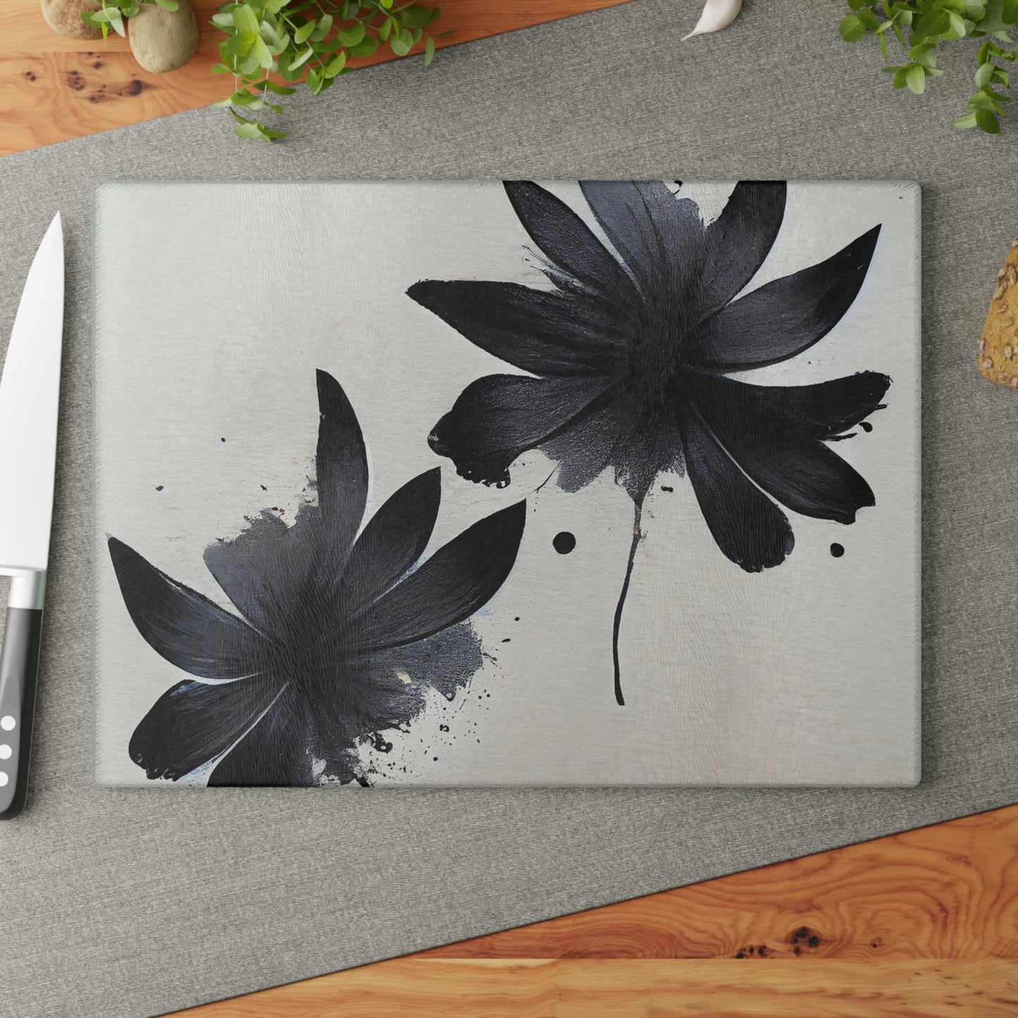 Glass Cutting Board — Black Floral Ink Splash Design