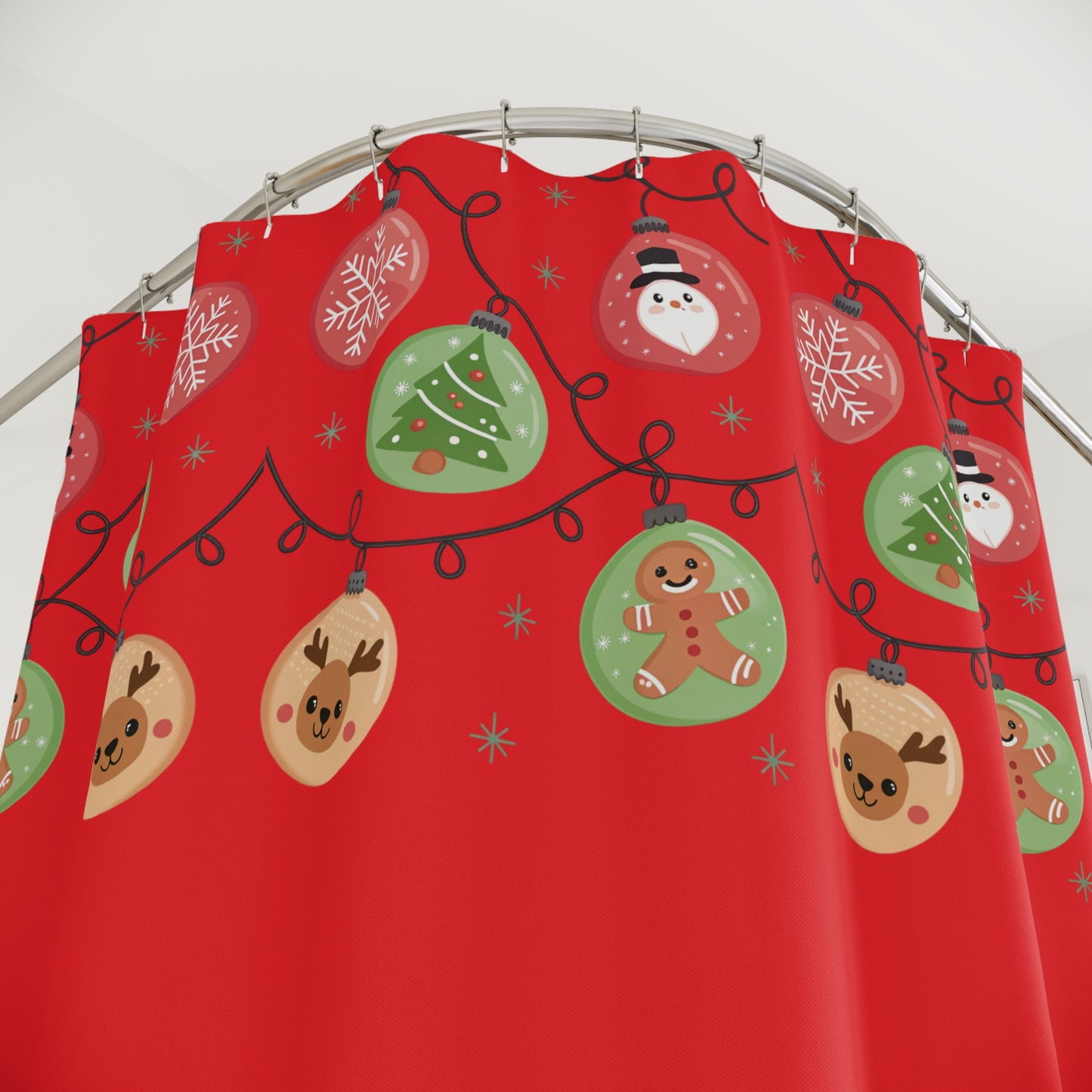 Festive Holiday Shower Curtains, Christmas Decor, Bathroom Accessories, Holiday Gift, Red Shower Curtain with Ornaments