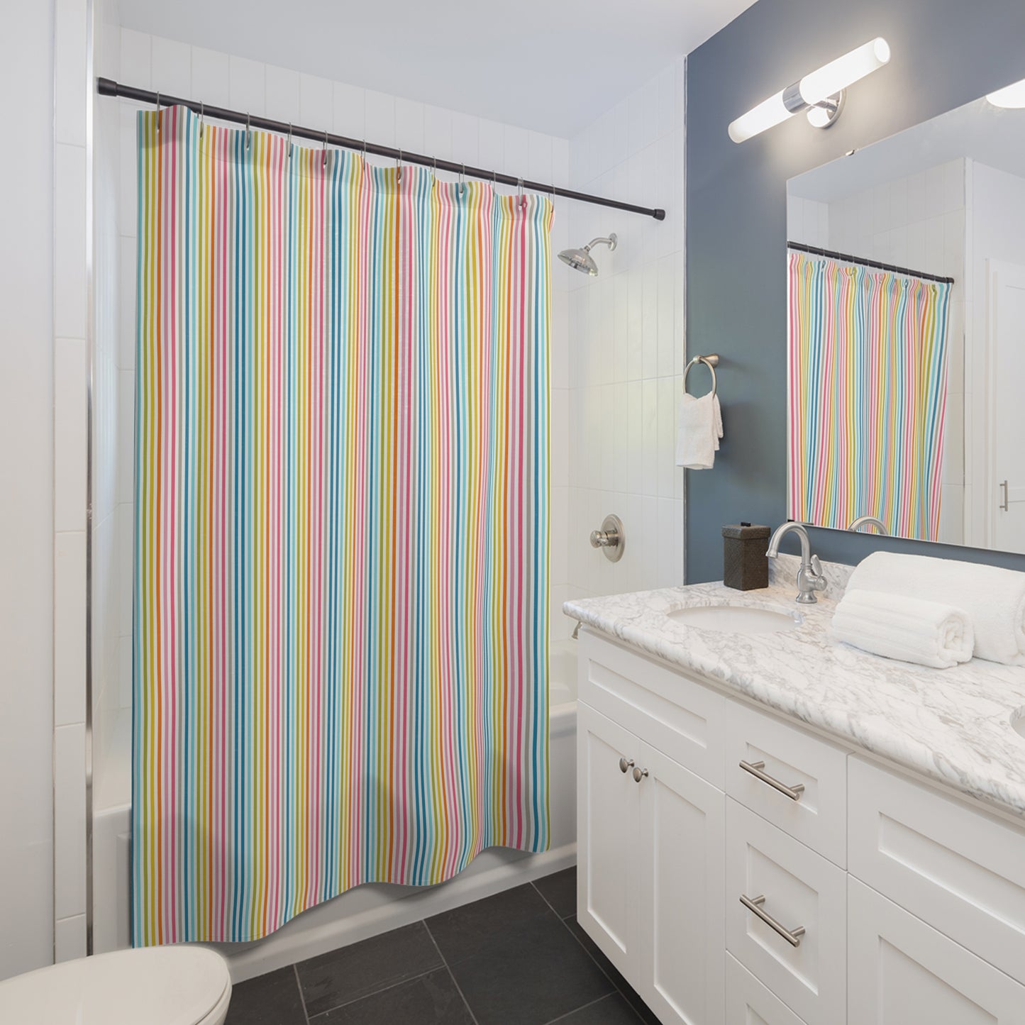 Colorful Striped Shower Curtain — Bright Rainbow Vertical Lines Bathroom Decor