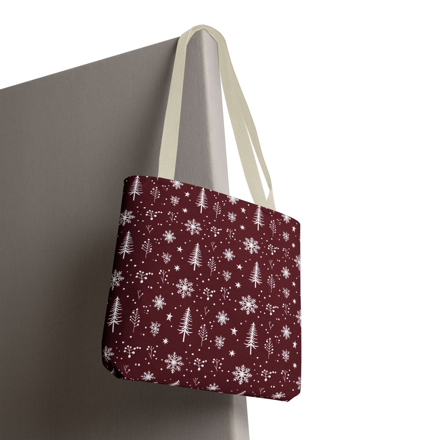 Christmas Snowflake Tote Bag – Burgundy Holiday Patterned Carryall