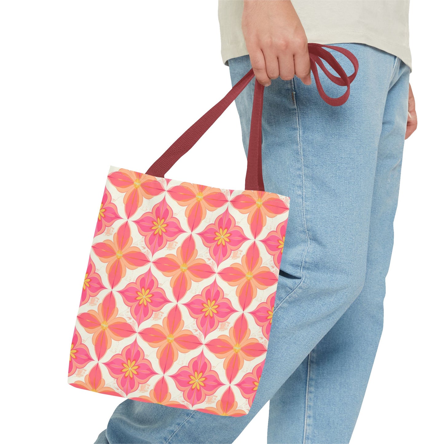 Pink Floral Geometric Tote Bag — All-Over Print Reusable Shopper