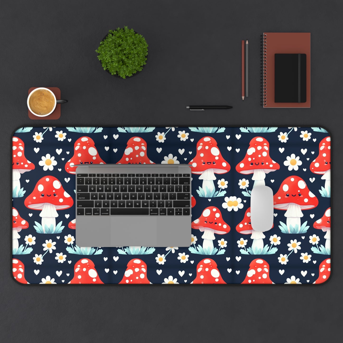 Mushroom & Daisies Desk Mat — Cute Red Toadstool Mousepad for Desk Decor